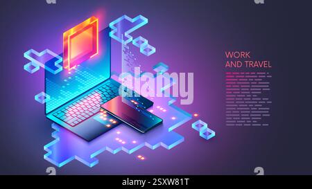 Telefon in Bild Yacht mit Segel schwimmt auf Meer in Bild Laptop bei Sonnenuntergang. Freiberuflicher Fernzugriff auf Reisen mit Laptop oder Telefon. Digital Wireless Inter Stock Vektor