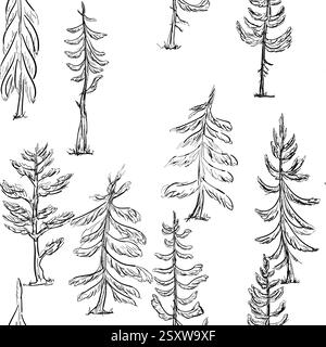 Ein nahtloses Muster mit umrissenen Skizzen von Fichten und Kiefern, ausgeführt in Schwarz- und Weißwald-Illustration Stock Vektor
