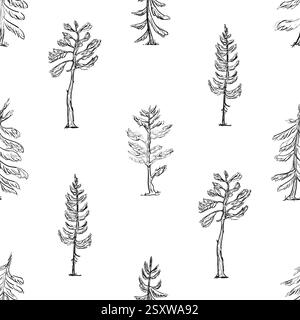 Ein nahtloses Muster mit Fichten- und Kiefernbäumen, ausgeführt in Schwarz- und Weißwald-Illustration Stock Vektor