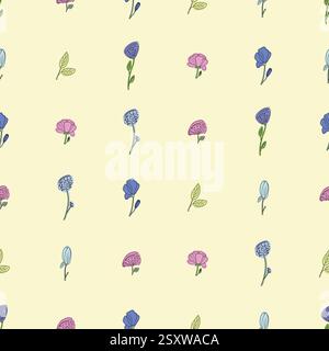 Ein lebendiges, nahtloses Blumenmuster mit wunderschönen rosa lila und blauen Blüten. Skizzenhafter Vektor mit Wildblumen Stock Vektor