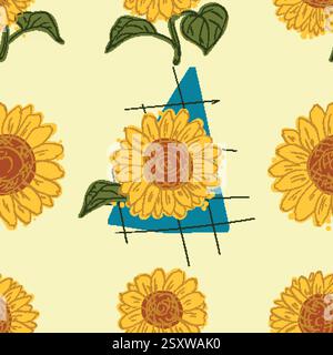 Sonnenblumen strahlen fröhlich gelbe Blütenblätter aus, die sich über geometrische blaue Elemente verteilen. Modernes Grafikmuster vor weichem Hintergrund. Dekoratives Oberflächendesign für kreative Anwendungen Stock Vektor