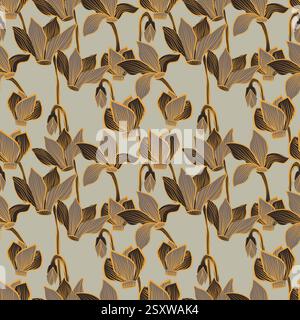 Stilisierte Goldblumen, Cyclamen Frühling Linie Kunst Illustration Cyclamen Blumen 3D Look Muster. Handgezeichnete Vektorgrafik. Graue Hintergrundbilder Stock Vektor