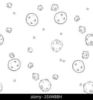 Nahtloses Raummuster mit handgezeichneten Asteroiden, Meteoriten, die zufällig vor dunklem kosmischen Hintergrund schweben und astronomische Phänomene grafisch darstellen Stock Vektor