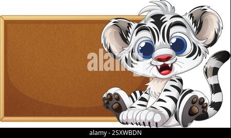 Niedliches Tigerjunges, das neben einem leeren Schild sitzt Stock Vektor
