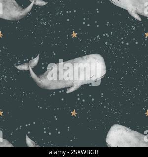 Vintage-cachalot-Walsterne mit nahtlosem Muster. Grauer Pottwal mit Aquarelldruck. Handgezeichnete Illustrationen auf dunklem, blauem Hintergrund für Design Stockfoto