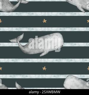 Muster Aquarell cachalot Grauwal auf blauen Streifen Sterne. Nahtloser Druck. Handgezeichnete Illustrationen Pottwal auf dunklem Hintergrund für Design Stockfoto