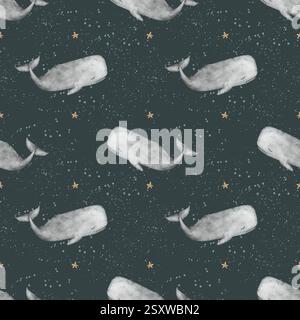 Vintage-cachalot-Walsterne mit nahtlosem Muster. Grauer Pottwal mit Aquarelldruck. Handgezeichnete Illustrationen auf dunklem, blauem Hintergrund für Design Stockfoto
