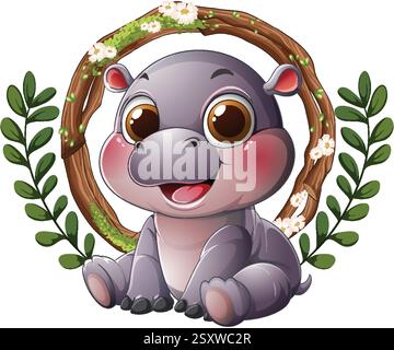 Niedliches Nilpferd umgeben von Blumen und Blättern Stock Vektor