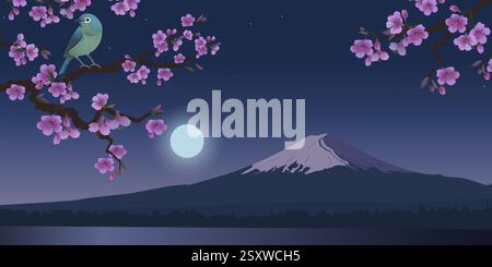 Realistische Grafiken von Uguisu-Vogel und Sakura-Baum auf einem Hintergrund des Mondes. Japanische Nachtigall auf einem Zweig blühender Kirschen. Vektorabbildung. Fujiyama Berg bei Nacht. Stock Vektor