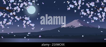 Der Mond, der über dem Fuji aufsteigt, hängende Zweige japanischer Sakura. Frühlingsnacht. Horizontale Ansicht, Hanami-Zeit. Design für Reisebanner, Reisen, Einladungen. Eine Landschaft mit einem Sternenhimmel. Stock Vektor