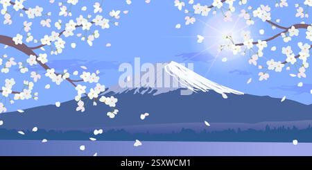 Helle Morgenlandschaft mit blauem Himmel. Zweige blühender weißer Kirschbäume auf dem Hintergrund des Fuji. Traditionelles japanisches Hanami-Festival Kirschblüten im frühen Frühjahr. Flache Abbildung Stock Vektor