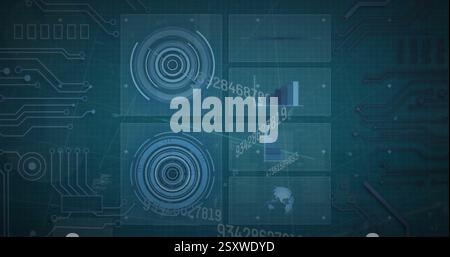 Bild des Scans und der Datenverarbeitung von Oszilloskopen über dunklem Hintergrund Stockfoto