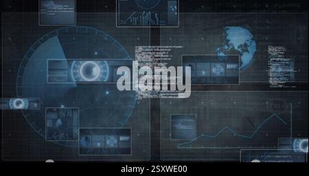 Bild des Scans und der Datenverarbeitung von Oszilloskopen über dunklem Hintergrund Stockfoto