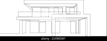 Moderne Häuserarchitektur durchgehende Einzeichenzeichnung. Einzeiliges Flachdachhaus oder Geschäftsgebäude. Vektorabbildung Stock Vektor