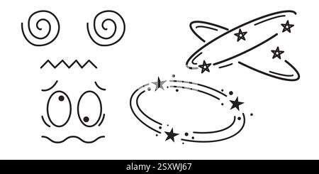 Schwindel Manga oder Anime Comic Emoticon Element grafische Effekte Hand gezeichnet Kritzelvektor Illustration Set isoliert auf weißem Hintergrund. Zeichentrickstil Stock Vektor