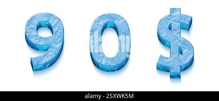 3D-Alphabet, Satz von Buchstaben und Zahlen aus Eis, 3D-Illustration, 9, 0, Dollarzeichen Stockfoto