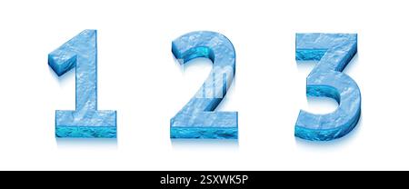 3D-Alphabet, Satz o Buchstaben und Zahlen aus Eis, 3D-Illustration, Zahl 1, 2, 3 Stockfoto