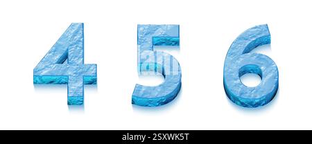3D-Alphabet, Satz von Buchstaben und Zahlen aus Eis, 3D-Illustration, Zahl 4, 5, 6, Großbuchstaben Stockfoto