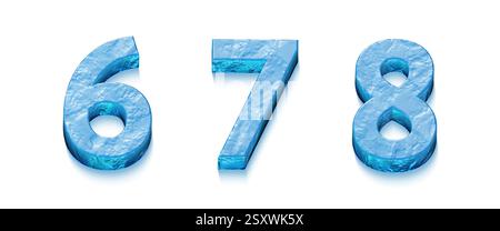3d-Alphabet, Satz von Buchstaben und Zahlen aus Eis, 3d-Illustration, Zahl 6, 7, 8, Großbuchstaben Stockfoto