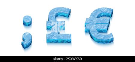 3D-Alphabet, Satz von Buchstaben und Zahlen aus Eis, 3D-Illustration, Interpunktionszeichen, Rautenzeichen, Euro-Symbol Stockfoto