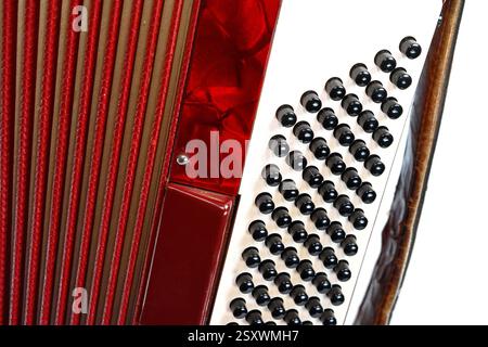 Detail alter Akkordeonbalge isoliert auf weiß. Stockfoto