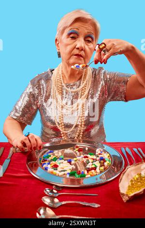 Ältere Frau im silbernen Outfit, die Pillen aus Metalltablett auf rotem und blauem Hintergrund isst. Moderner Lifestyle. Pop-Art-Fotografie. Stockfoto
