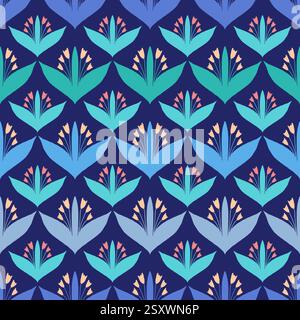 Zartes nahtloses Muster mit abstrakten Blumen auf dunklem Hintergrund. Niedliches endloses Design, ideal für Stoff- und Geschenkpapier. Stockfoto