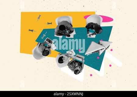 Kreative 3D-Fotocollage Trendgrafik-Vorlage für Personalabteilung Personalverantwortliche Arbeitsbereichskollegen sitzen am Tisch Coworking Sandwich essen Stockfoto