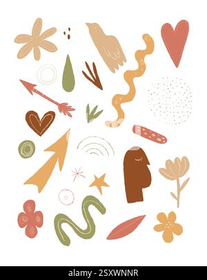 Modernes abstraktes Vektor-Clipart mit handgezeichneten Kritzeleien, organischen Formen und geometrischen Elementen in Erdtönen. Perfekt für Branding, Poster Stock Vektor