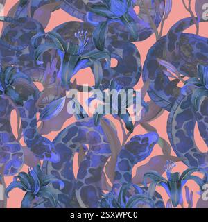 Nahtloses Muster mit Schlange und orangefarbener Lilienblüte. Im asiatischen Stil verziert. Tropische gelbe Blumen, gefleckter Schlangen Hintergrund. Design für Textil, Stoff Stockfoto