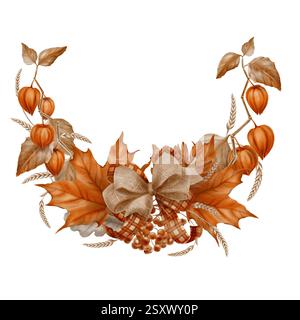 Halbkreisförmiger Rahmen Herbstahornblätter, Physalis, Eberesche mit Eichenblättern und einem Haufen von eberesenbeeren, doppelte rustikale Schleife aus kariertem Band und Stockfoto