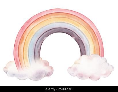 Hand gezeichnete Aquarellillustration der Wolken für Babyduscheinladungen oder Kinderzimmer Wandkunst. Ich zeichne den Himmel mit dem Regenbogen, um einen Traum zu vermitteln Stockfoto