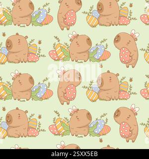 Nahtloses Ostermuster. Niedliche paschal Capybara mit dekorativen Eiern auf grünem Hintergrund. Karikaturfilm mit kawaii-Tieren im Hintergrund. Vektorabbildung Stock Vektor