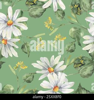 Nahtloses Blumenmuster mit weißen Feldkamillenblüten und Waldlindenzweigen auf Grün. Handgezeichneter rustikaler Hintergrund, botanischer Öko-Clipart für Stockfoto