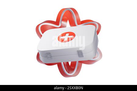 Medizinisches erste-Hilfe-Set mit rotem Kurvenhintergrund, 3D-Rendering. 3D-Abbildung. Stockfoto