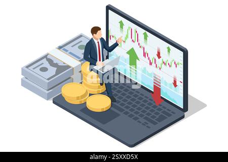 Isometrie eines Händlers, der auf einem Laptop sitzt, mit einem großen Finanzbildschirm, der Börsendiagramme und Schaltflächen zum Kauf und Verkauf anzeigt. Aktienhandel Stock Vektor
