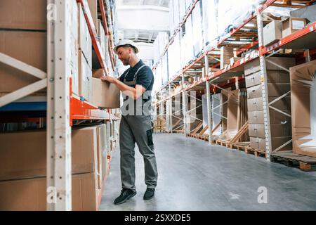Nehmen Sie die Box heraus. Mitarbeiter in Uniform arbeitet tagsüber im Lager. Stockfoto