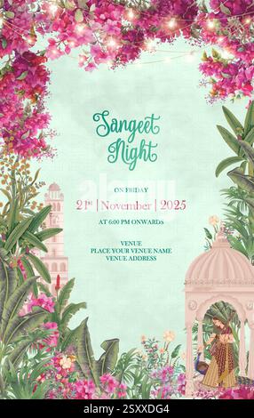 Moghal Sangeet Nacht Einladung mit Bougainvillea Floral und tropischem Baum und Bogen. Stock Vektor