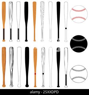 Set aus verschiedenen Baseballschlägern isoliert auf weißem Hintergrund Stock Vektor