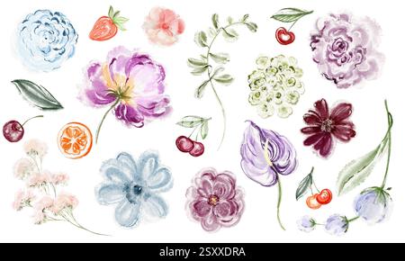 Aquarellset Rose und Blumen auf isoliertem Hintergrund Stockfoto