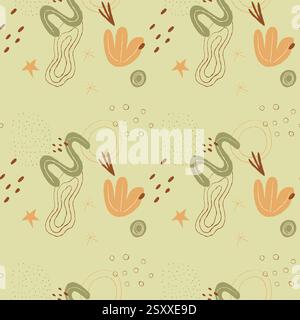 Nahtloses abstraktes Blumenmuster mit handgezeichneten organischen Formen, Blumen, Blättern und geometrischen Elementen in Erdtönen. Ideal für Textilien und Tapeten Stock Vektor