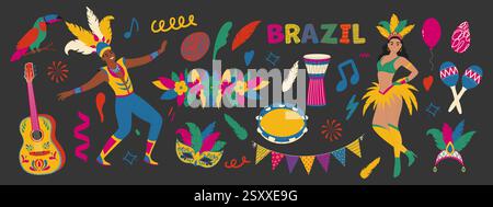 Brasilianisches Karnevalsset. Masken, Vogel, tanzende Menschen in Kostüm, Gitarre, Girlande. Trendige Kollektion. Stock Vektor