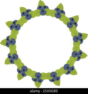 Blaubeeren und grüne Blätter Circular Bunte Frame Border. Food and Drink Copy Space Template Idea. Isolierte Vektor-Illustration Thematische Karten, Poster, Etikett oder Web-Werbebanner, Faltblatt, Preisschild Stock Vektor