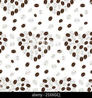 Kaffeebohnen Herzform und Körnung um Umriss und Füllen nahtlose Muster Kaffee Tag Hintergrund. Isolierte Vektor-Illustration Hintergrundbilder, Verpackungen oder Web-Werbebanner, Broschüren, Poster, Preisschilder Stock Vektor