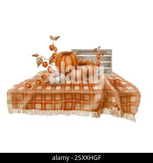 Gemütliche karierte Decke mit Falten mit orangefarbenen und grauen Kürbissen, Physaliszweigen und Blättern, eine Holzkiste im Hintergrund. Rustikales Aquarell für den Herbst Stockfoto