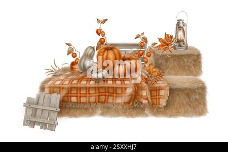 Kürbisse, Physalis-Zweige und Weizenspitzen auf einer karierten Decke, die über Heuballen gelegt ist. Herbstahorn, Eichen- und vogelblätter, alte Kerosin-Lampe, alt Stockfoto
