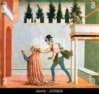 DOMENICO VENEZIANO (* ca. 1410, Venezia ?, d. 1461, Firenze ?) Martyrium von St. Lucy (Predella 5) um 1445 Tempera auf Holz, 25 x 29 cm staatliche Museen, Berlin der Magnoli Altar hatte fünf Predella-Tafeln, die sich heute in den Museen von Washington, Cambridge und Berlin befinden. Sie waren wahrscheinlich ursprünglich in der gleichen Reihenfolge angeordnet, in der die Heiligen in der Haupttafel erscheinen, das heißt: Die Stigmatisierung von St. Franziskus, St. Johannes in der Wildnis (beide in der National Gallery, Washington), Verkündigung, St. Zenobius Performances a Miracle (im Fitzwilliam Museum, Cambridge) und das Martyrium of St Stockfoto