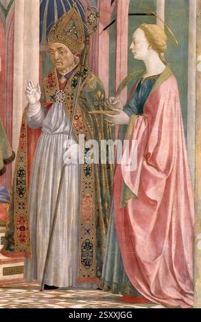 DOMENICO VENEZIANO (* ca. 1410, Venezia ?, d. 1461, Firenze ?) Die Madonna und das Kind mit den Heiligen (Detail) ca. 1445 Tempera auf Holz Galleria degli Uffizien, Florenz das Detail zeigt St. Zenobius und St. Lucy. Lucy ist in scharfem und prächtigem Profil auf der rechten Seite zu sehen, während Zenobius sich leicht in Dreiviertelansicht dreht, was Johannes in seiner Bedeutung ausgleicht, denn beide sind Schutzheiligen von Florenz. Veneziano vergisst nicht das spätgotische Element, das zum Beispiel in der genauen Beschreibung aller Details des Brokats des eleganten Zenobius-Kranzes wieder auftaucht. --- Keyw Stockfoto