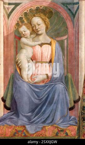 DOMENICO VENEZIANO (* ca. 1410, Venezia ?, d. 1461, Firenze ?) Die Madonna und das Kind mit Heiligen (Detail) ca. 1445 Tempera auf Holz Galleria degli Uffizien, Florenz jede der Figuren ist von einem Bogen oder einem Bogen in der Loggia dahinter eingerahmt; die Jungfrau erhält erwartungsgemäß den aufwändigsten Raum. Die monumentale Jungfrau und Kind sind Nachkommen von Masaccios Figuren aus seinem Pisa Altarstück. --- Schlüsselwörter: ----------------- Autor: DOMENICO VENEZIANO Titel: Die Madonna und das Kind mit Heiligen (Detail) Zeitlinie: 1401-1450 Schule: Italienisch Form: Malerei Typ: Re Stockfoto