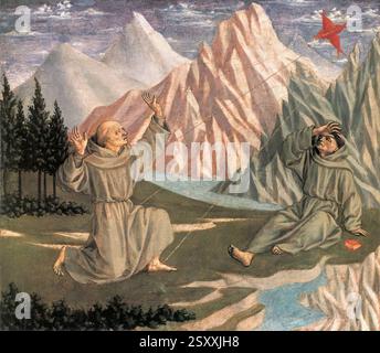 DOMENICO VENEZIANO (* ca. 1410, Venezia ?, d. 1461, Firenze ?) Die Stigmatisierung des hl. Franziskus (predella 1) um 1445 Tempera auf Holz, 26,7 x 30,5 cm National Gallery of Art, Washington der Magnoli Altarpiece hatte fünf Predella-Tafeln, die heute in den Museen von Washington, Cambridge und Berlin zu finden sind. Sie waren wahrscheinlich ursprünglich in der gleichen Reihenfolge angeordnet, in der die Heiligen in der Haupttafel erscheinen, das heißt: Die Stigmatisierung von St. Francis, St. John in der Wildnis (beide in der National Gallery, Washington), Verkündigung, St. Zenobius Performances a Miracle (im Fitzwilliam Museum, Cambridg) Stockfoto